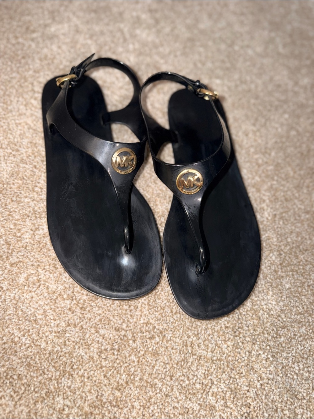 Michael Kors Black Thong Sandals with Gold Logo Medallion - Picture 2 of 4